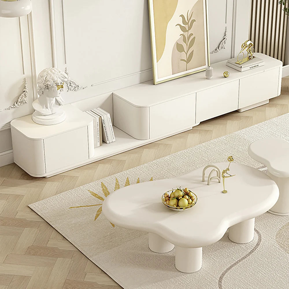 Meuble TV blanc cassé moderne 200 à 275 cm, extensible, avec 4 tiroirs