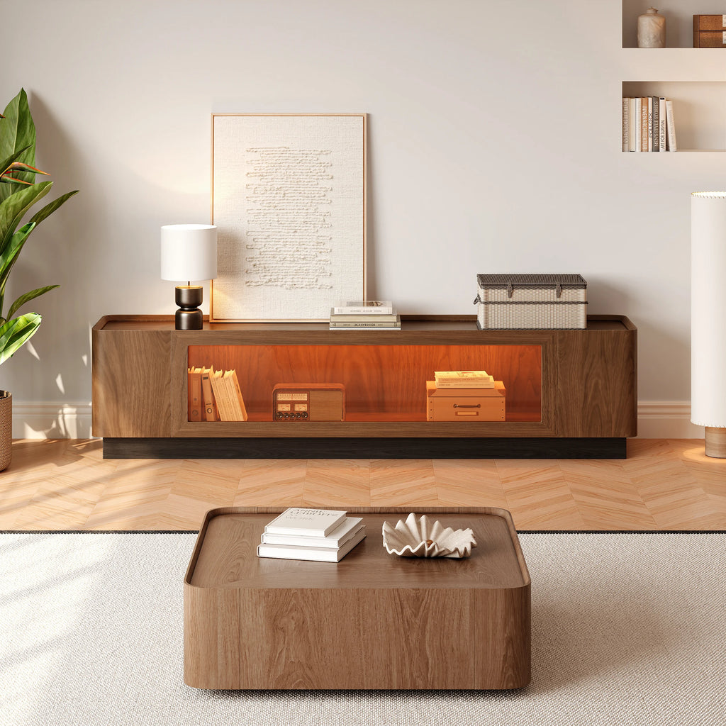 Meuble TV Noyer 200 cm avec portes en verre, rangement et LED