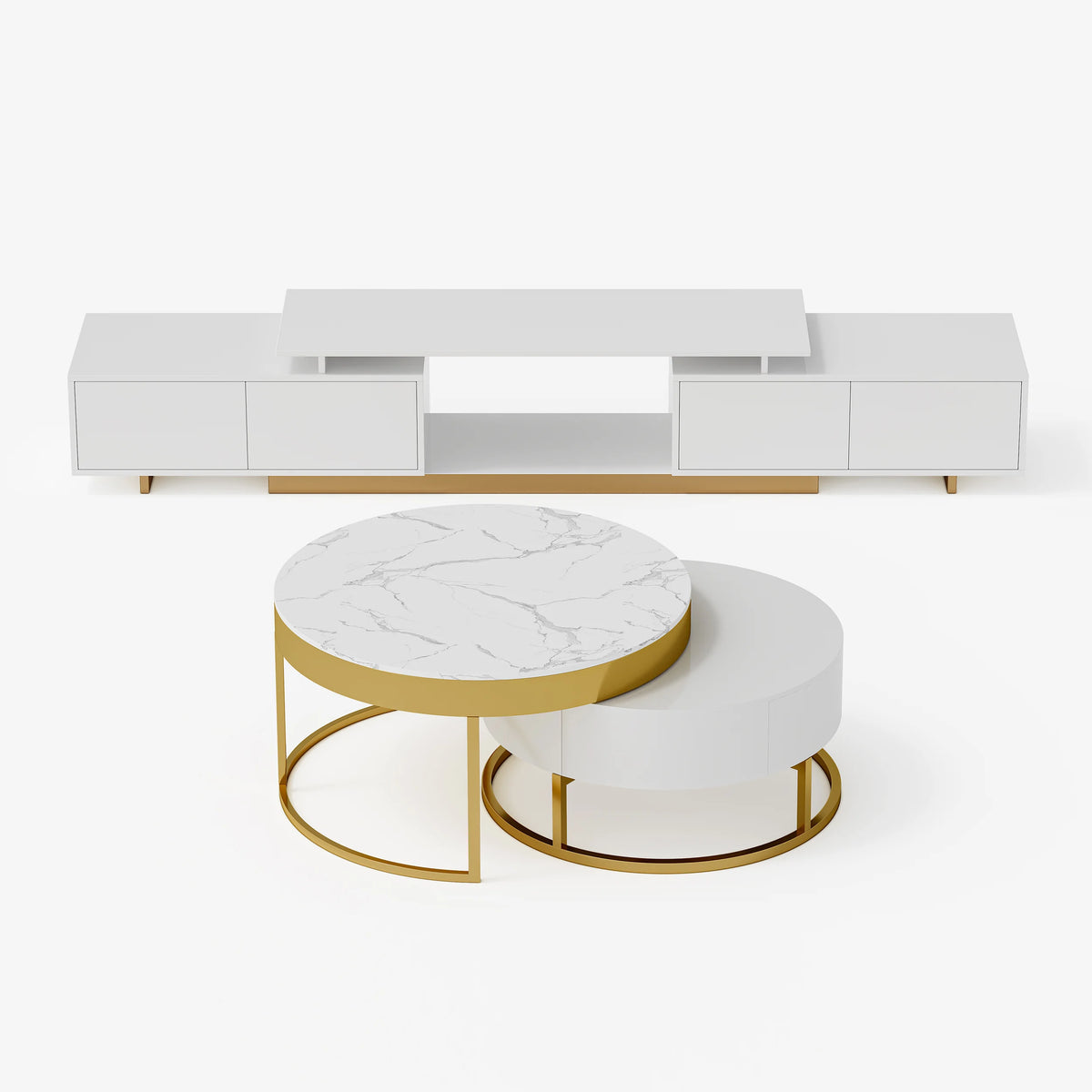 Ensemble meuble TV extensible brillant et table basse gigogne