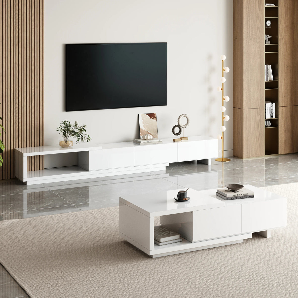 Meuble TV extensible Quoint 180 à 255 cm avec 3 tiroirs Blanc