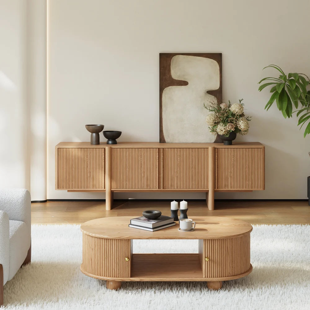 Meuble TV en bois de frêne cannelé naturel de 203 cm avec armoires