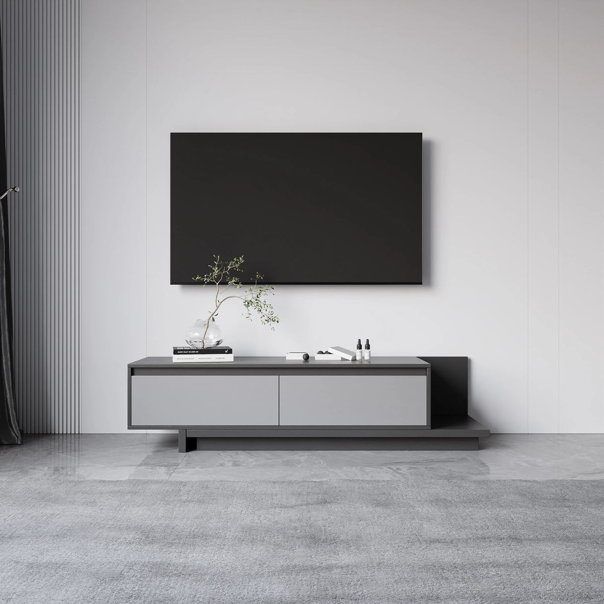Meuble TV extensible gris Fero avec 2 tiroirs (1200 mm-2000 mm)