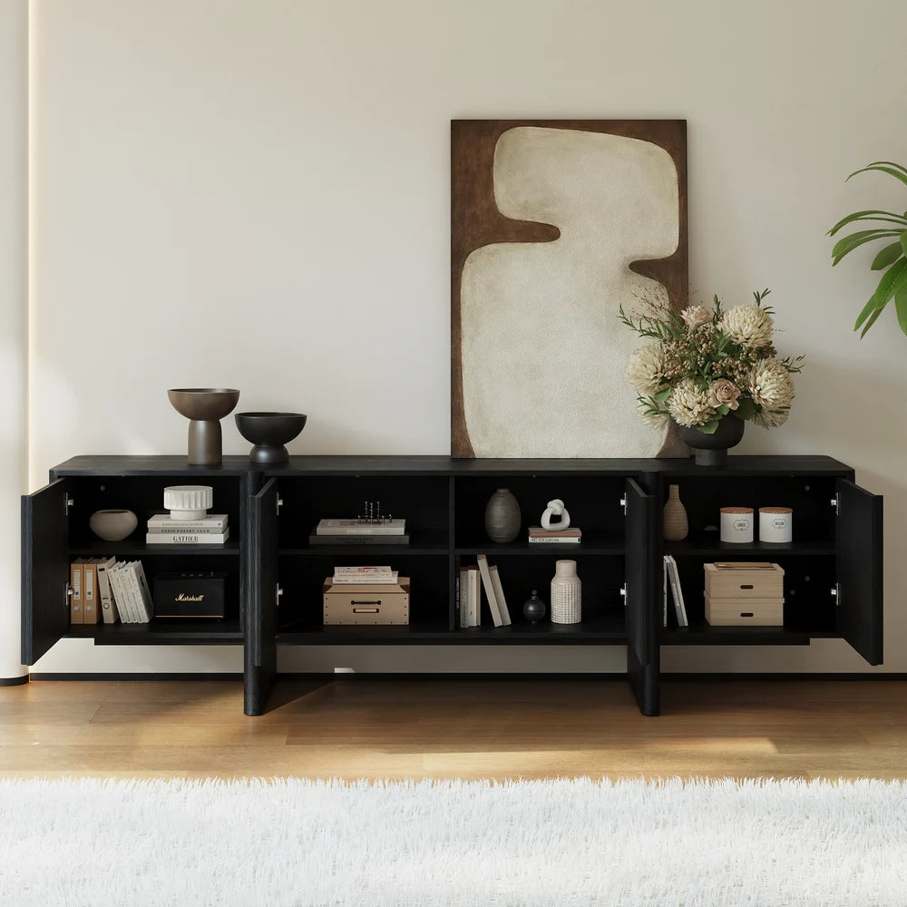 Meuble TV noir cannelé en bois de frêne de 203 cm avec rangements