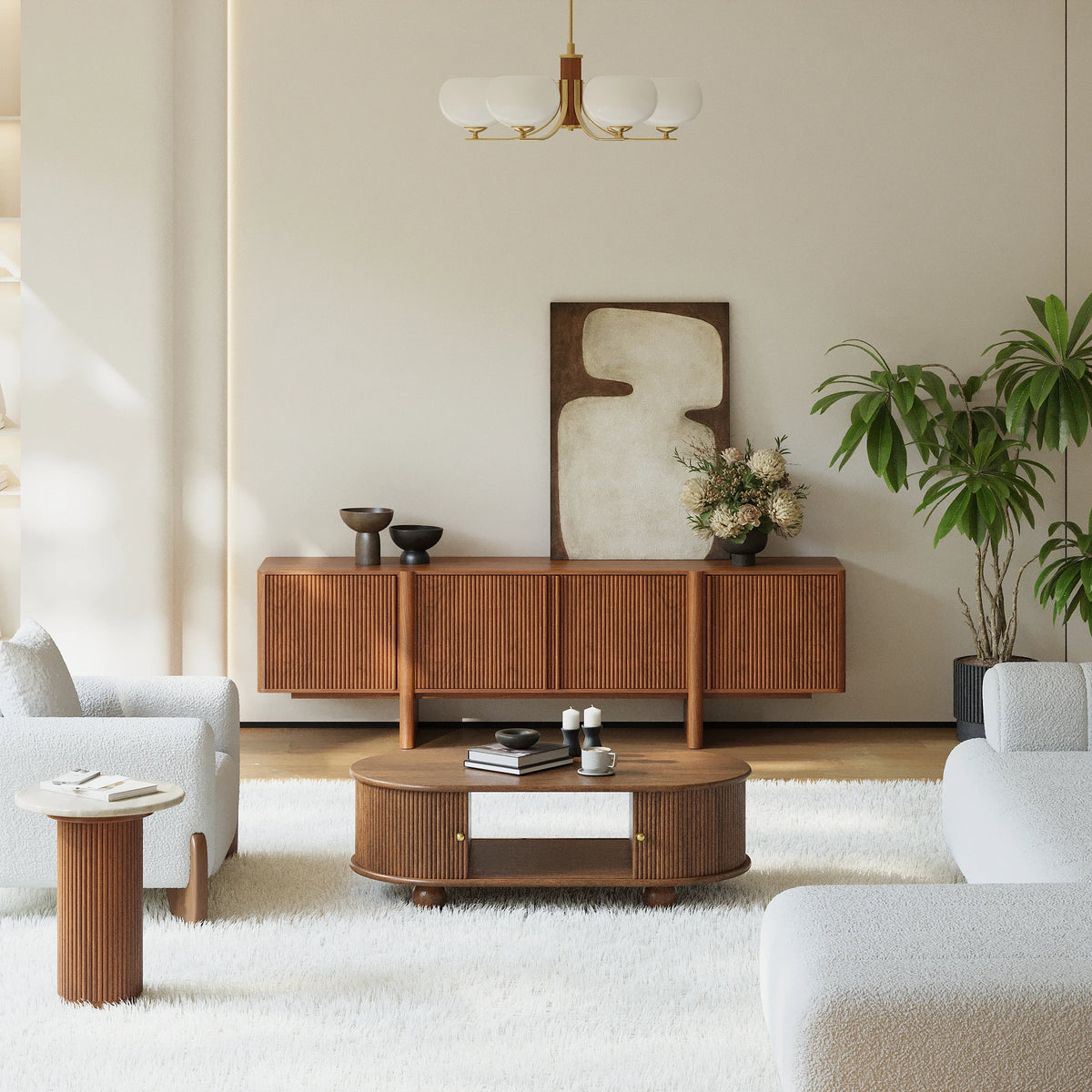 Meuble TV 203 cm en frêne avec noyer cannelé et rangements