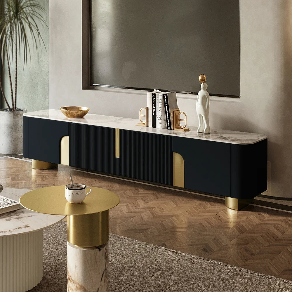 Artus Meuble TV Moderne Noir 4 Portes Dessus en Pierre avec Rangement Console Multimédia Télévisions Jusqu'à 2159mm