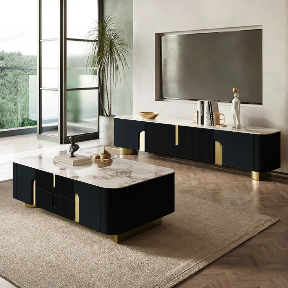 Artus Meuble TV Moderne Noir 4 Portes Dessus en Pierre avec Rangement Console Multimédia Télévisions Jusqu'à 2159mm