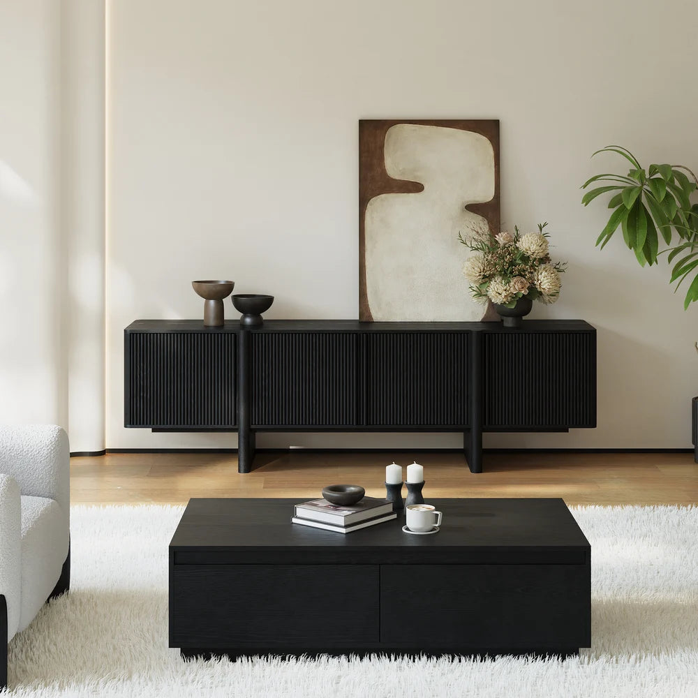 Meuble TV noir cannelé en bois de frêne de 203 cm avec rangements