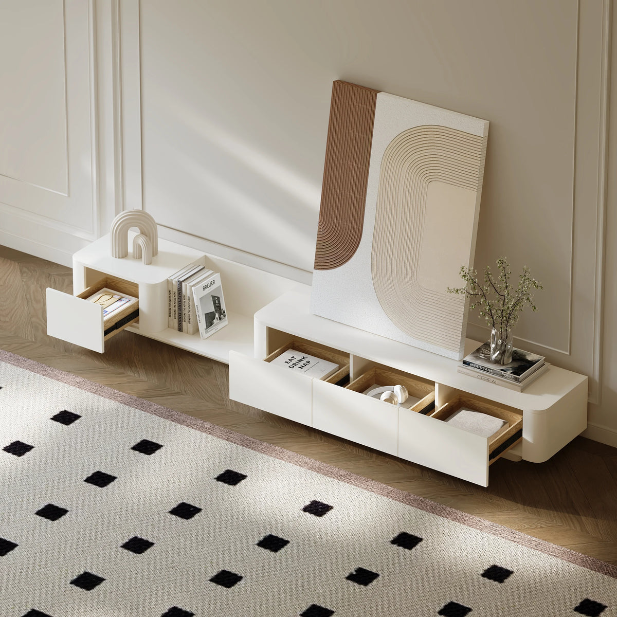 Meuble TV blanc cassé moderne 200 à 275 cm, extensible, avec 4 tiroirs
