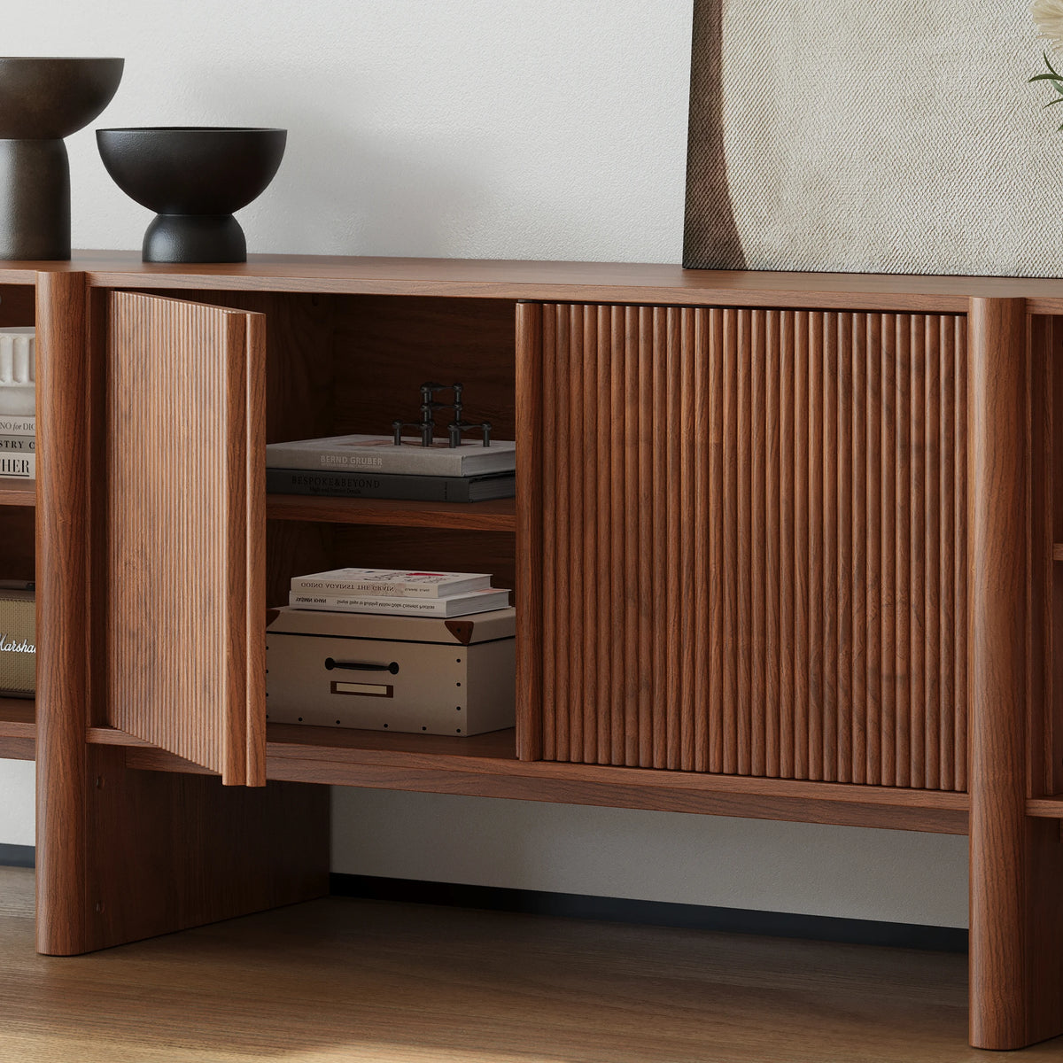 Meuble TV 203 cm en frêne avec noyer cannelé et rangements