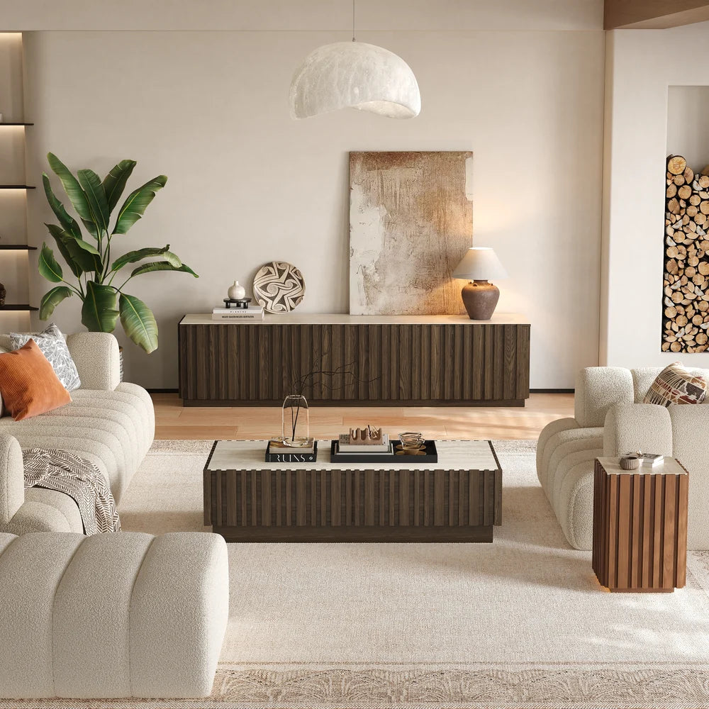 Meuble TV Aura 211 cm en frêne cannelé brun fumé avec plateau en pierre frittée