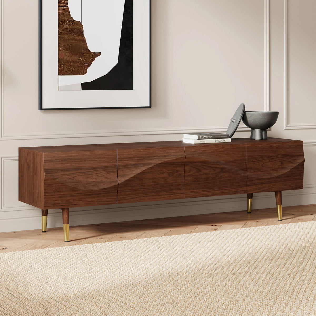 Meuble TV Lake Mid Century avec tiroirs de rangement en noyer au design ondulé pour téléviseurs jusqu'à 1905 mm