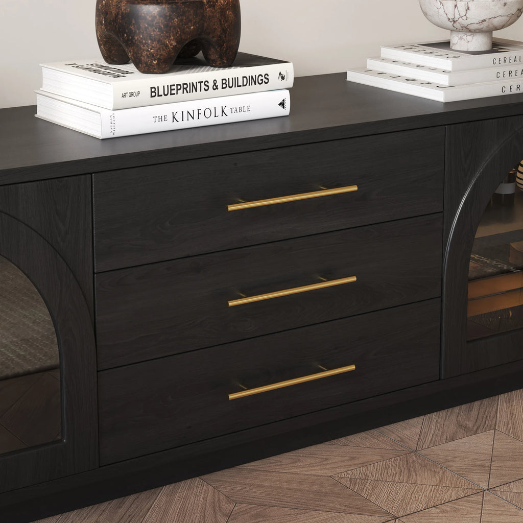 Meuble TV Arune 183 cm avec portes vitrées arquées, noir, avec rangement et LED