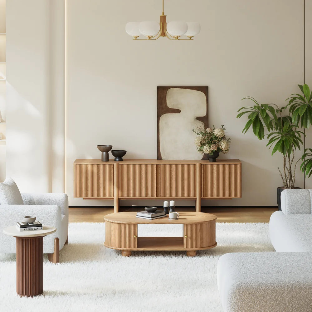 Meuble TV en bois de frêne cannelé naturel de 203 cm avec armoires