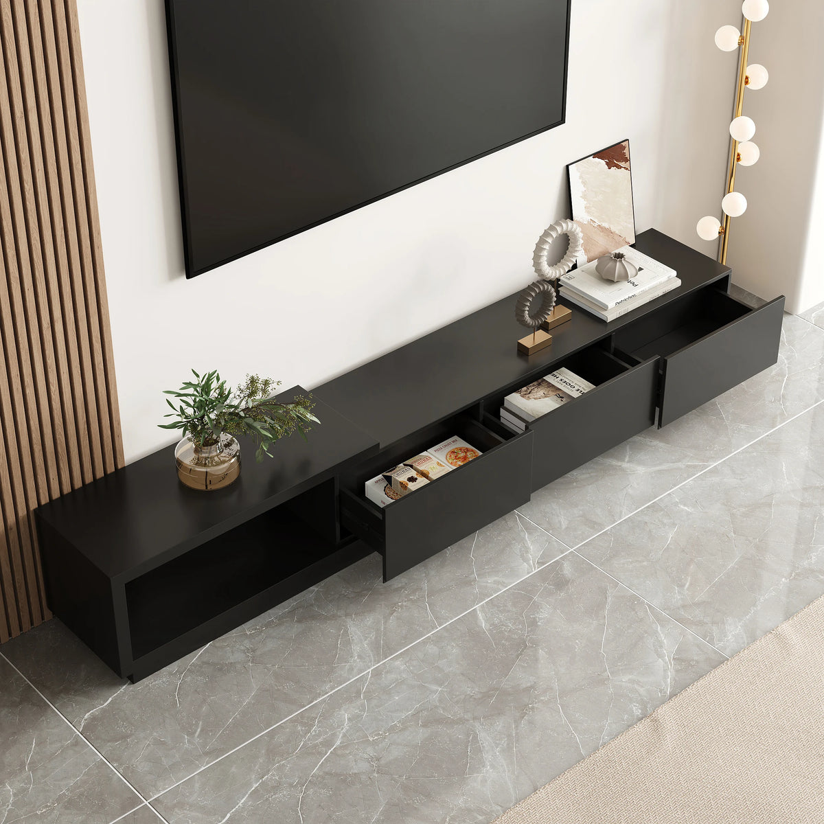 Meuble TV extensible Quoint 180 à 255 cm avec 3 tiroirs Noir