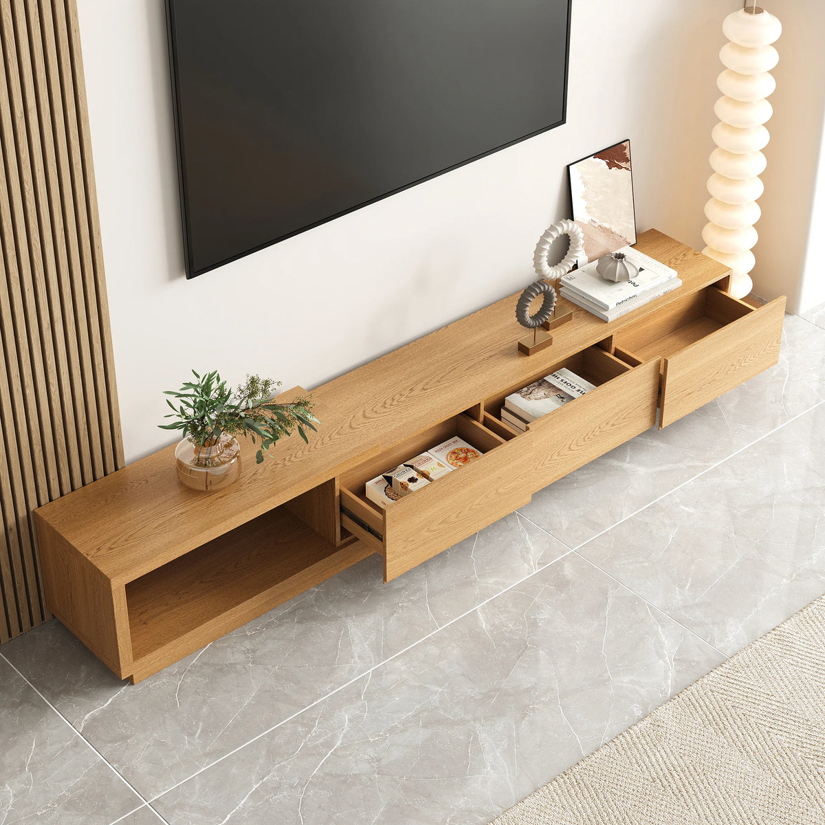 Meuble TV extensible Quoint 180 à 255 cm avec 3 tiroirs Bois naturel