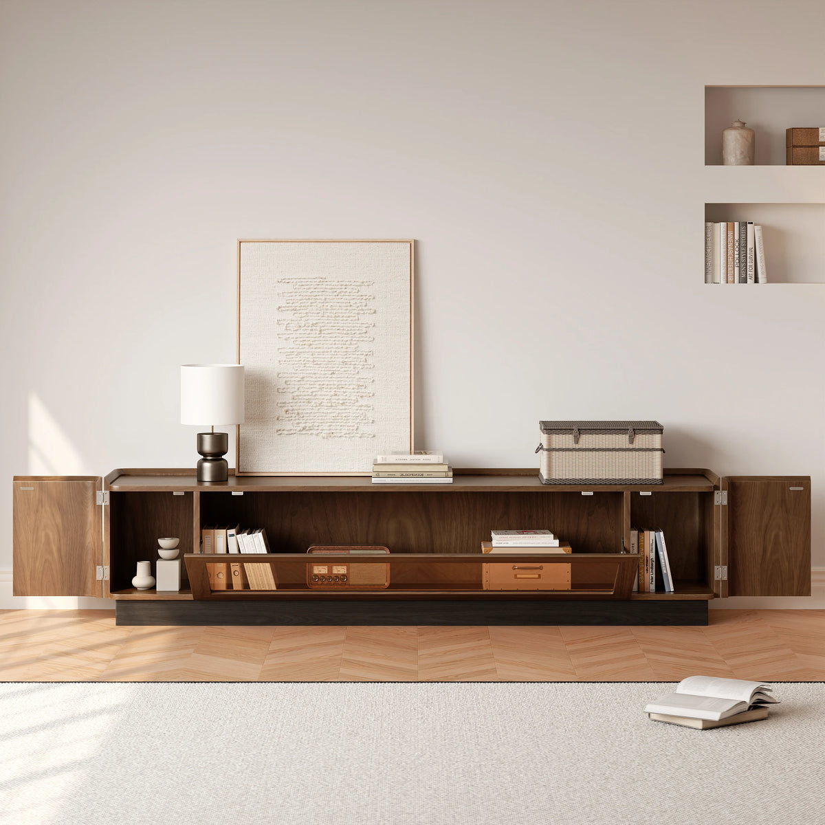 Meuble TV Noyer 200 cm avec portes en verre, rangement et LED