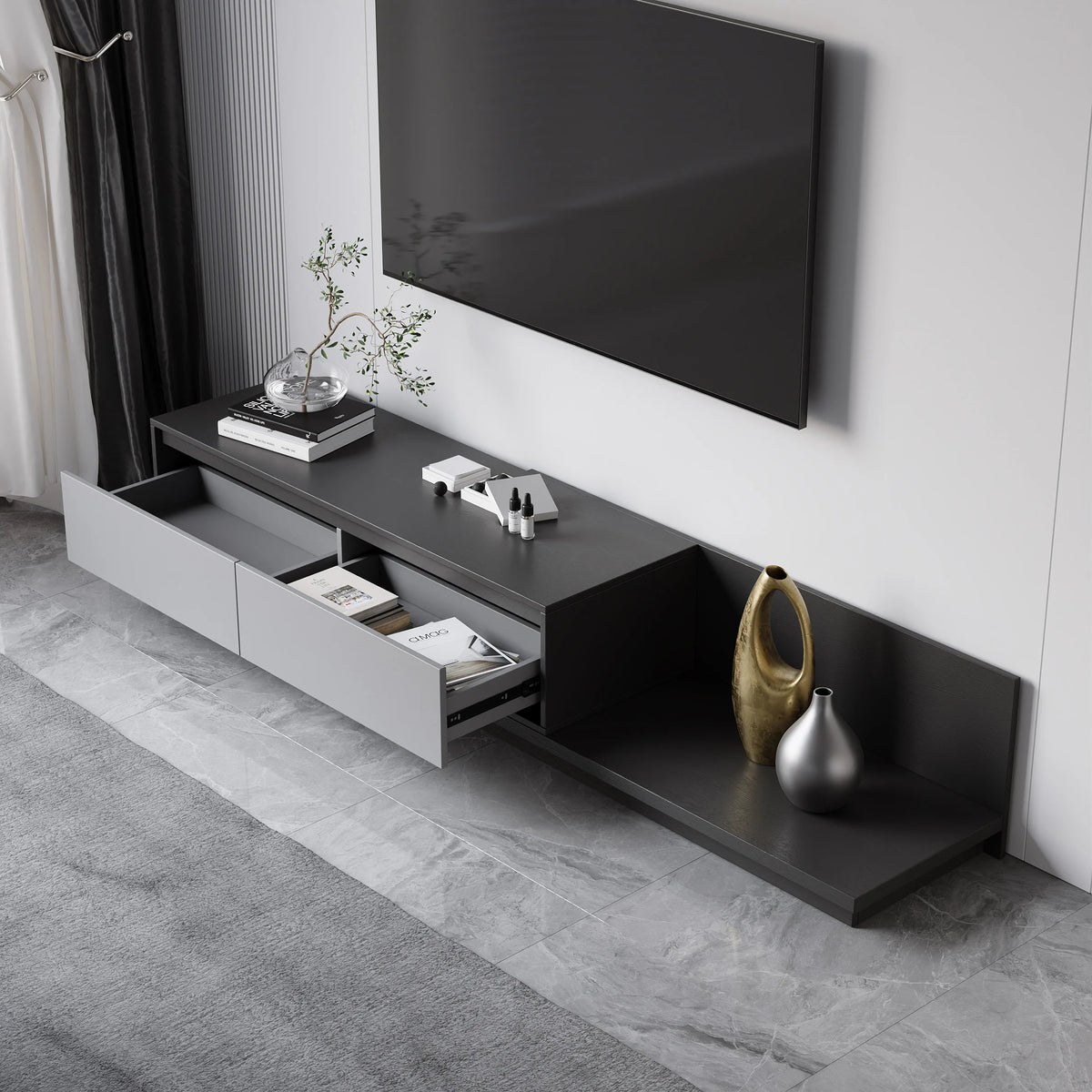 Meuble TV extensible gris Fero avec 2 tiroirs (1200 mm-2000 mm)