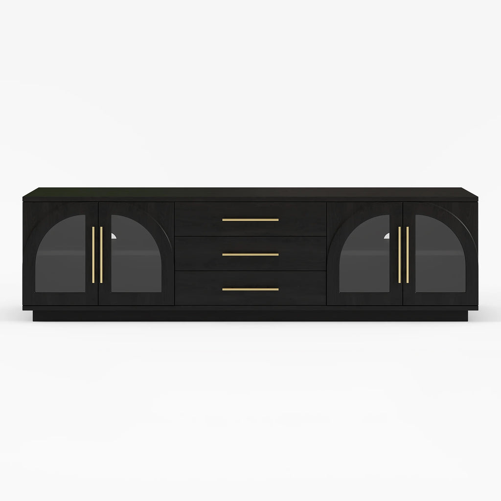 Meuble TV Arune 183 cm avec portes vitrées arquées, noir, avec rangement et LED