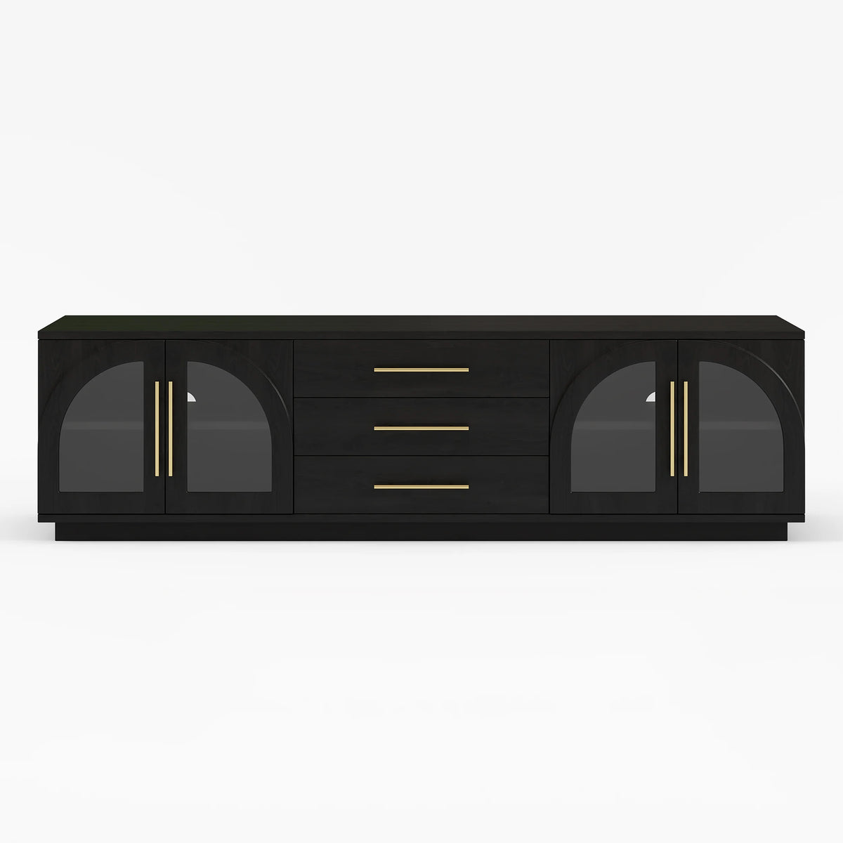 Meuble TV Arune 183 cm avec portes vitrées arquées, noir, avec rangement et LED