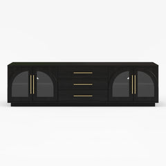 Meuble TV Arune 183 cm avec portes vitrées arquées, noir, avec rangement et LED
