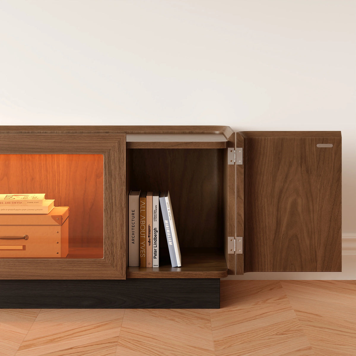 Meuble TV Noyer 200 cm avec portes en verre, rangement et LED
