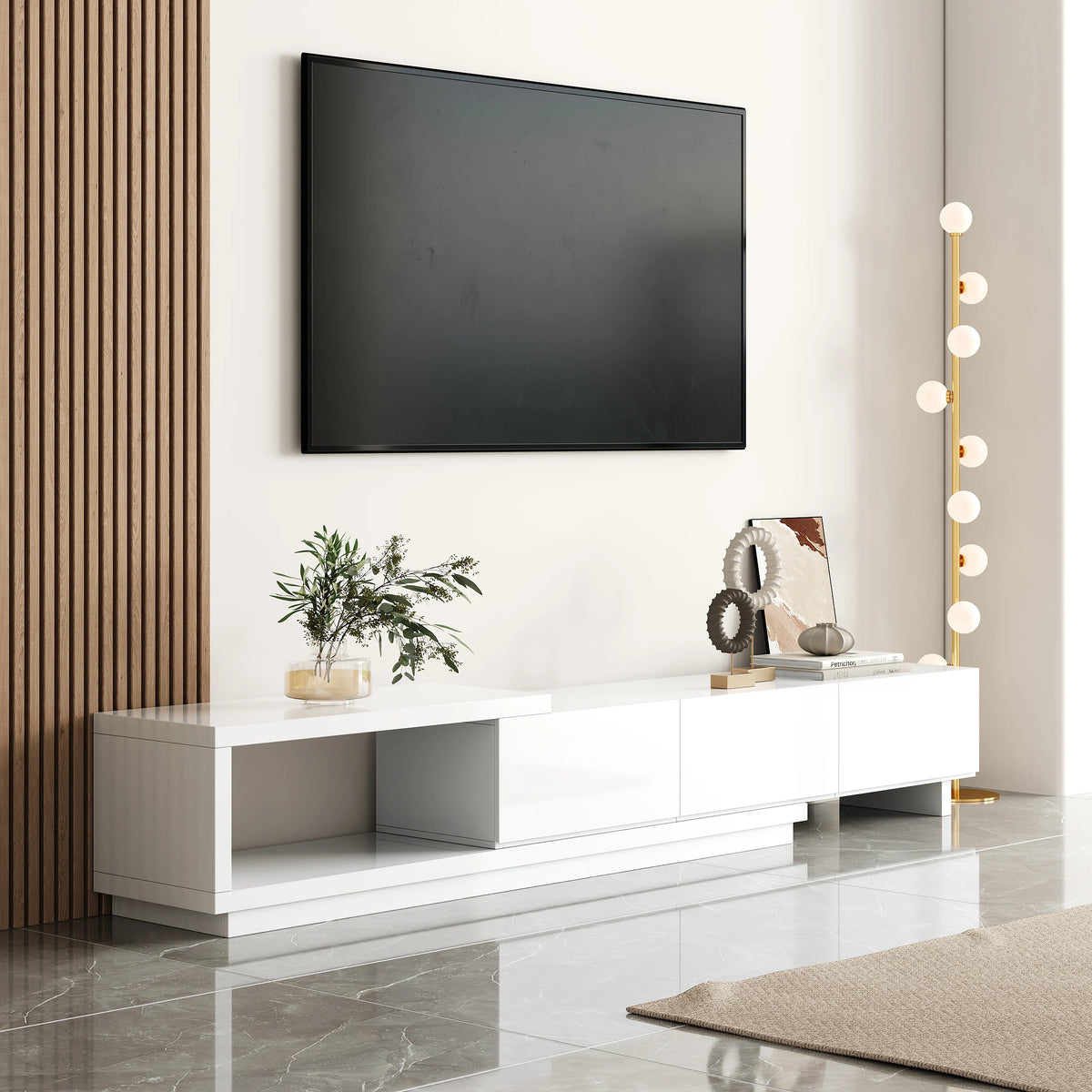 Meuble TV extensible Quoint 180 à 255 cm avec 3 tiroirs Blanc