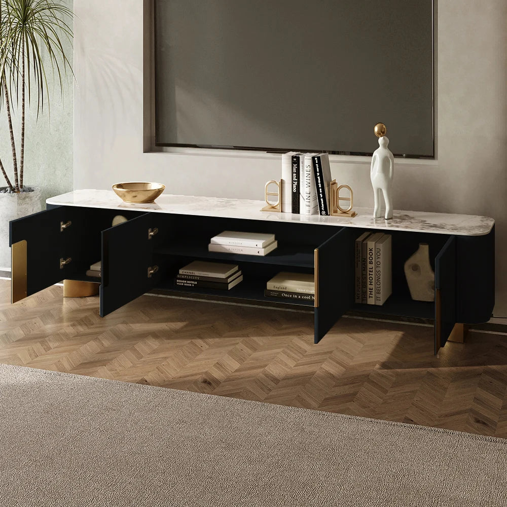 Artus Meuble TV Moderne Noir 4 Portes Dessus en Pierre avec Rangement Console Multimédia Télévisions Jusqu'à 2159mm