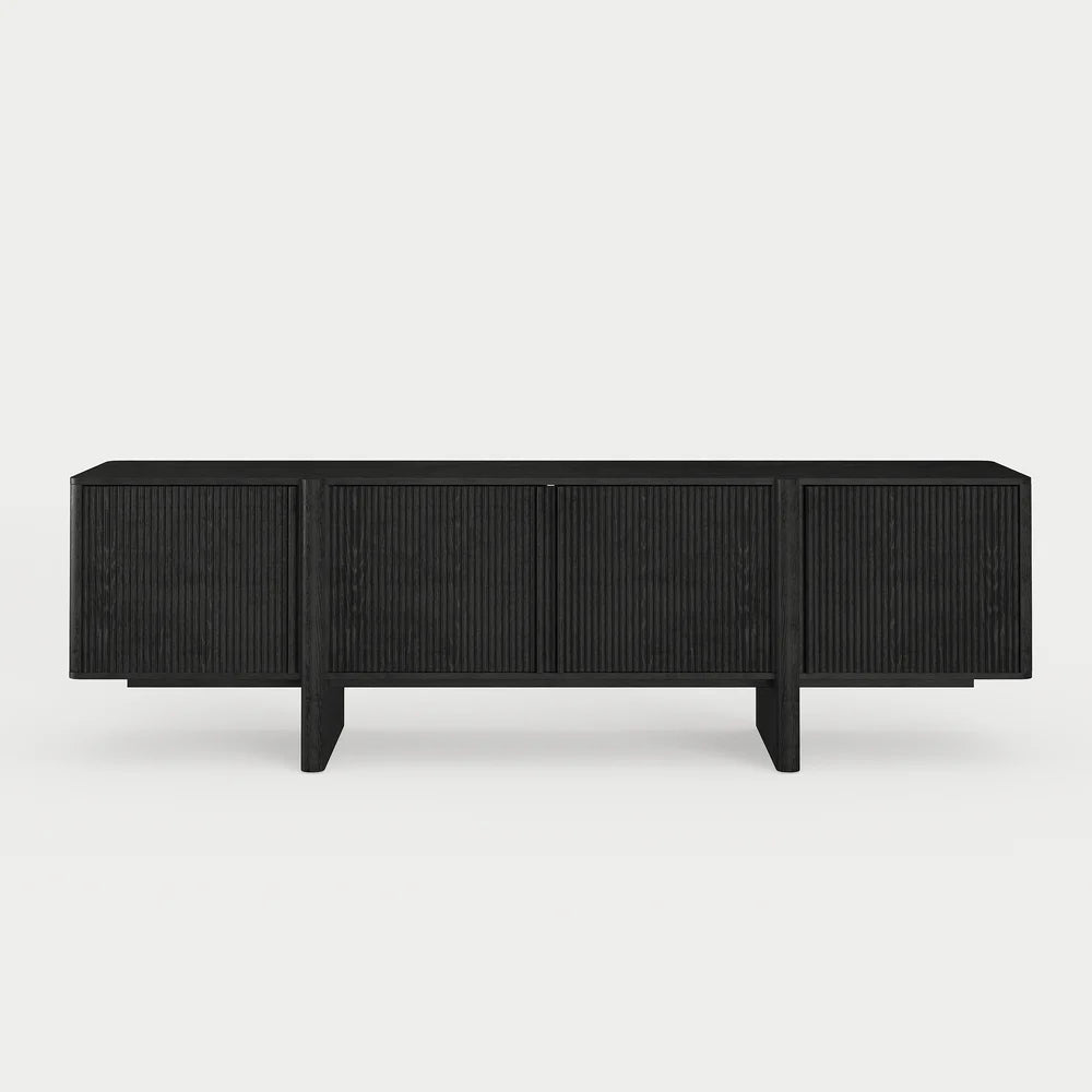 Meuble TV noir cannelé en bois de frêne de 203 cm avec rangements