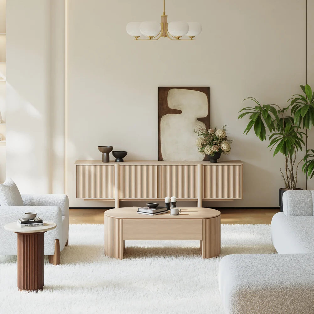 Meuble TV de 203 cm en bois de frêne cannelé blanchi avec placards