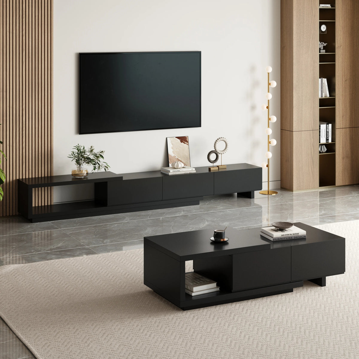 Meuble TV extensible Quoint 180 à 255 cm avec 3 tiroirs Noir