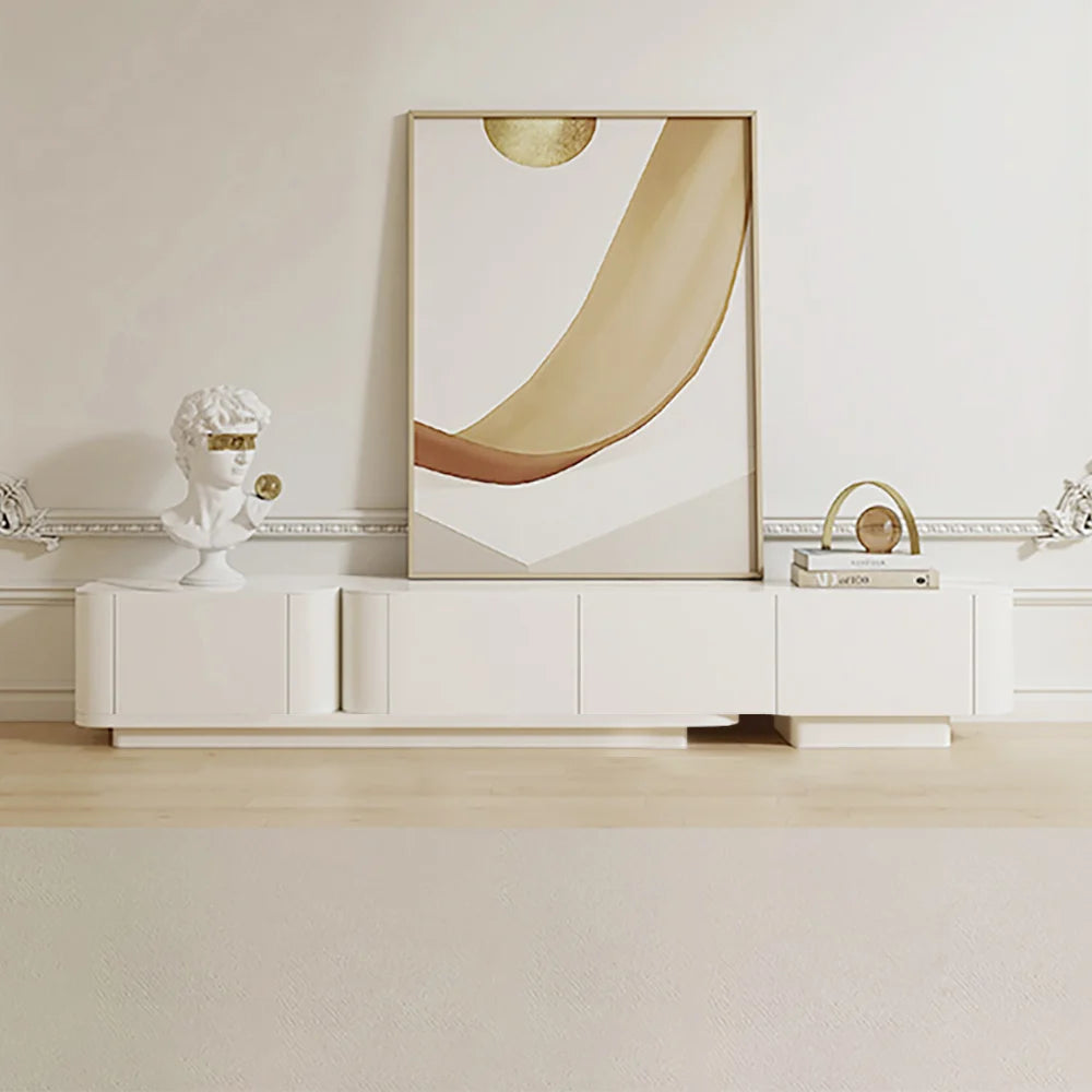 Meuble TV blanc cassé moderne 200 à 275 cm, extensible, avec 4 tiroirs