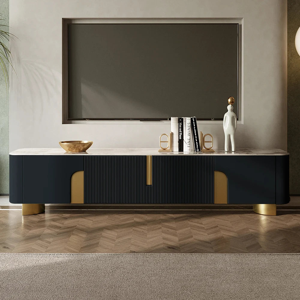 Artus Meuble TV Moderne Noir 4 Portes Dessus en Pierre avec Rangement Console Multimédia Télévisions Jusqu'à 2159mm
