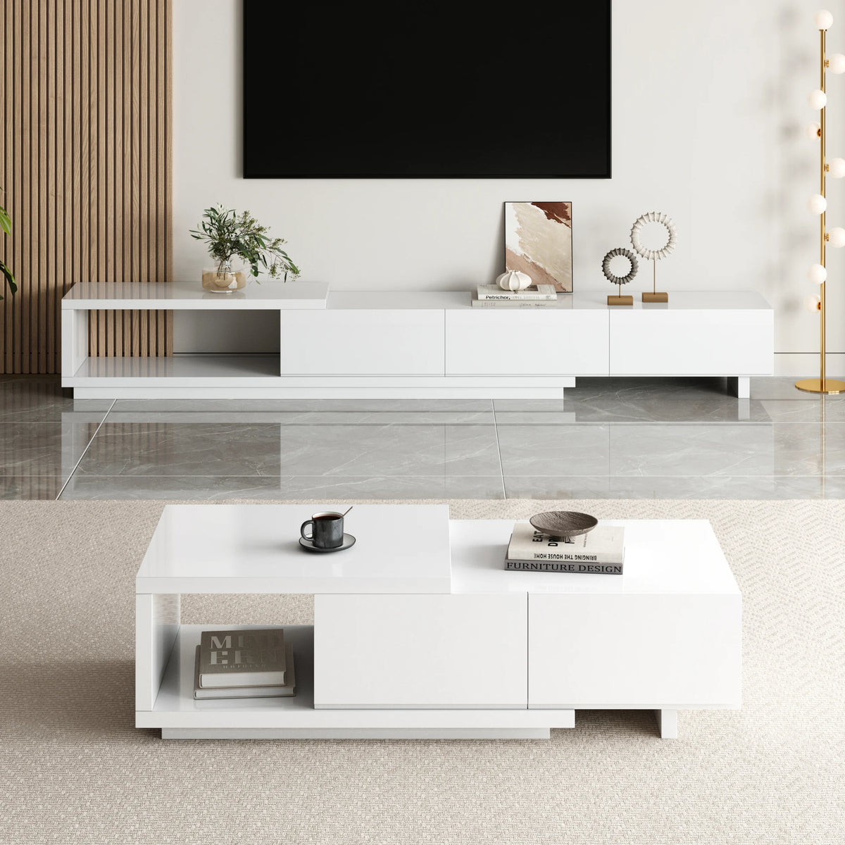 Meuble TV extensible Quoint 180 à 255 cm avec 3 tiroirs Blanc
