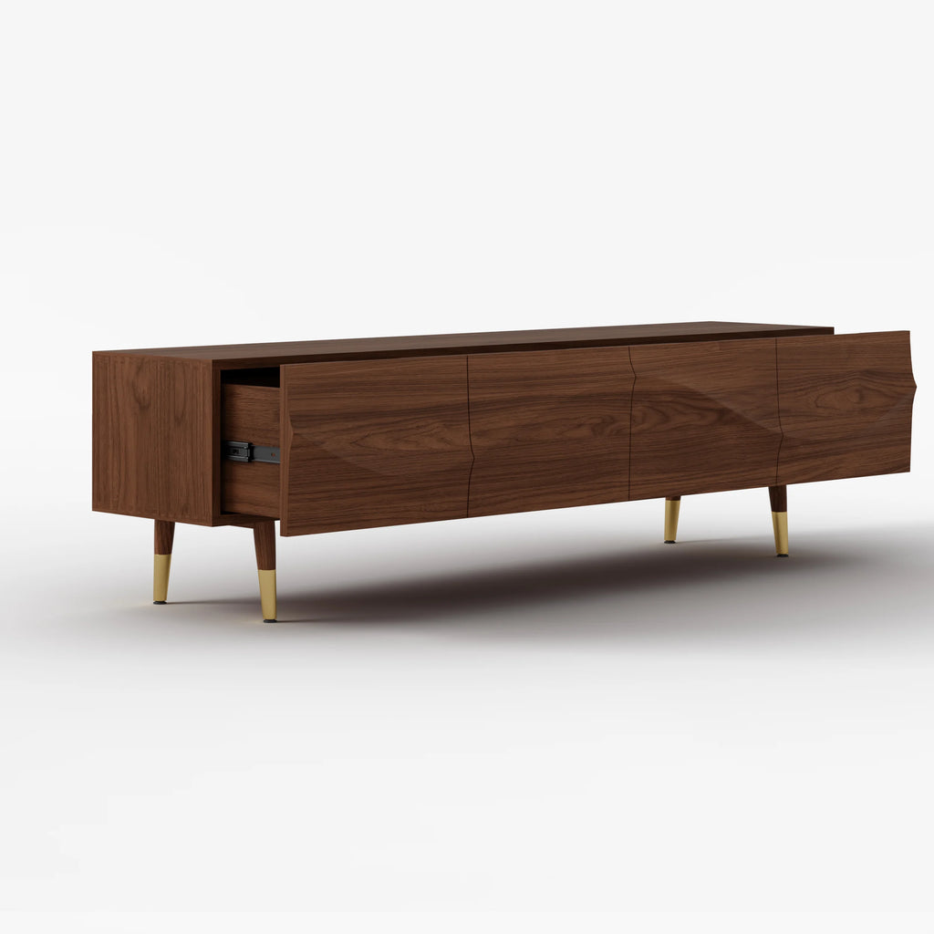 Meuble TV Lake Mid Century avec tiroirs de rangement en noyer au design ondulé pour téléviseurs jusqu'à 1905 mm