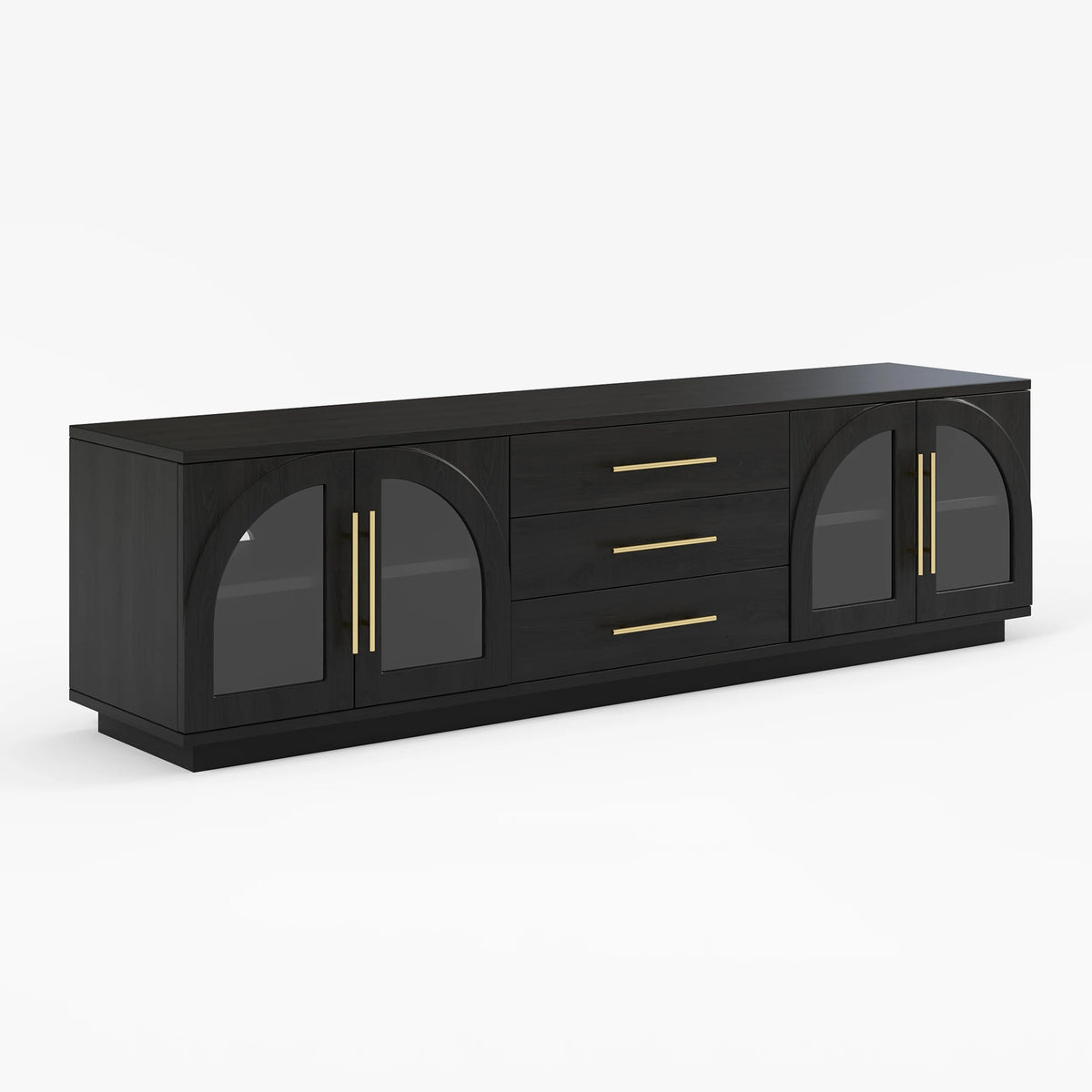Meuble TV Arune 183 cm avec portes vitrées arquées, noir, avec rangement et LED