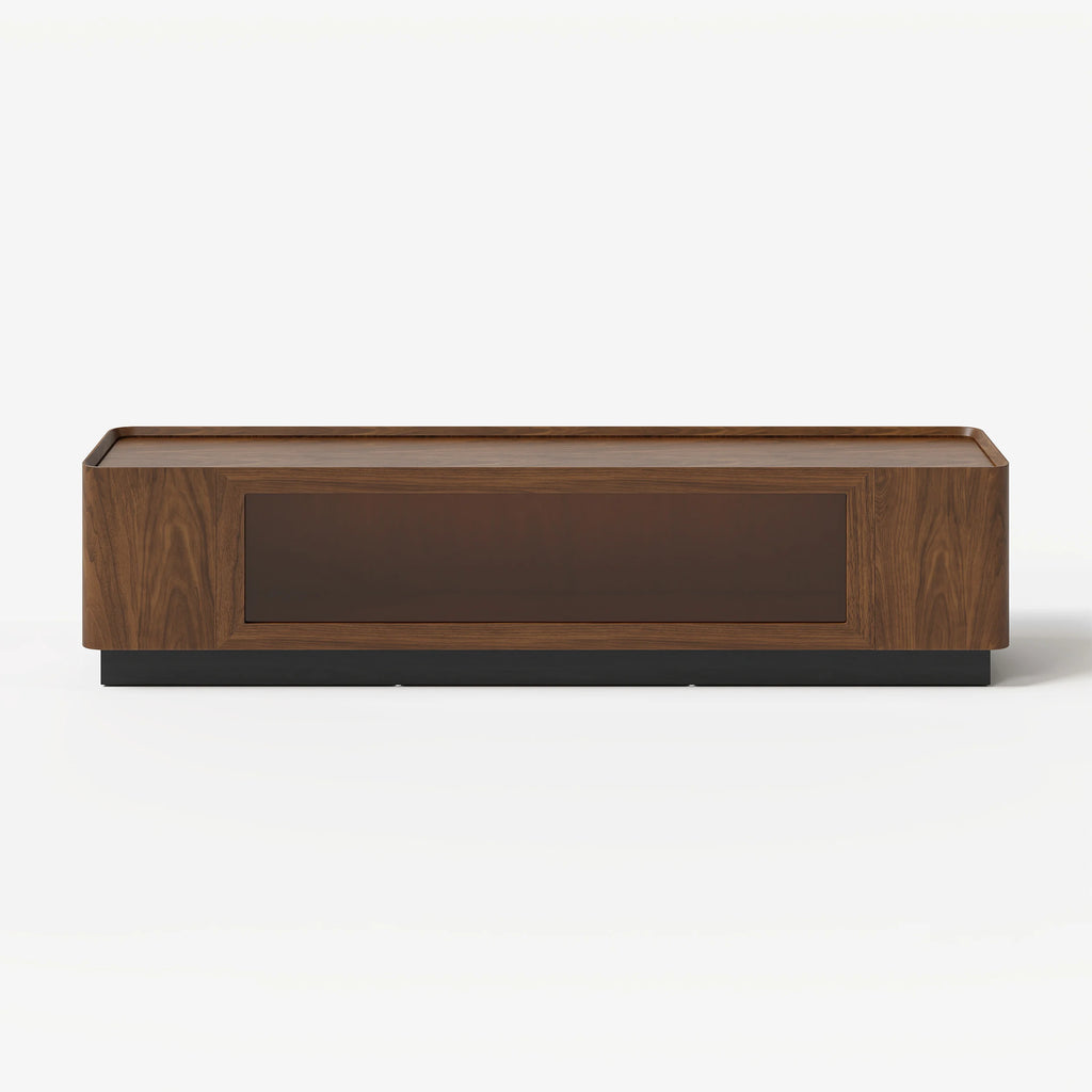 Meuble TV Noyer 200 cm avec portes en verre, rangement et LED