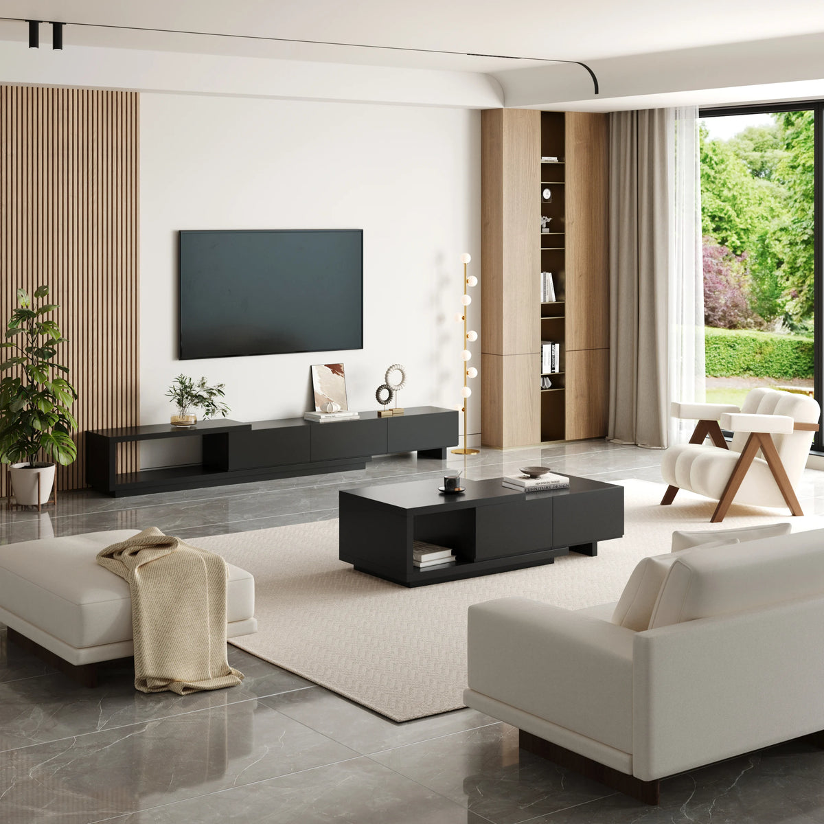 Meuble TV extensible Quoint 180 à 255 cm avec 3 tiroirs Noir