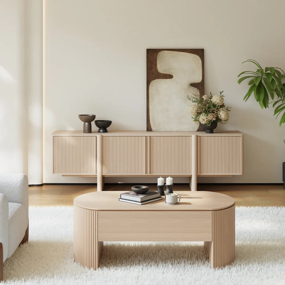 Meuble TV de 203 cm en bois de frêne cannelé blanchi avec placards