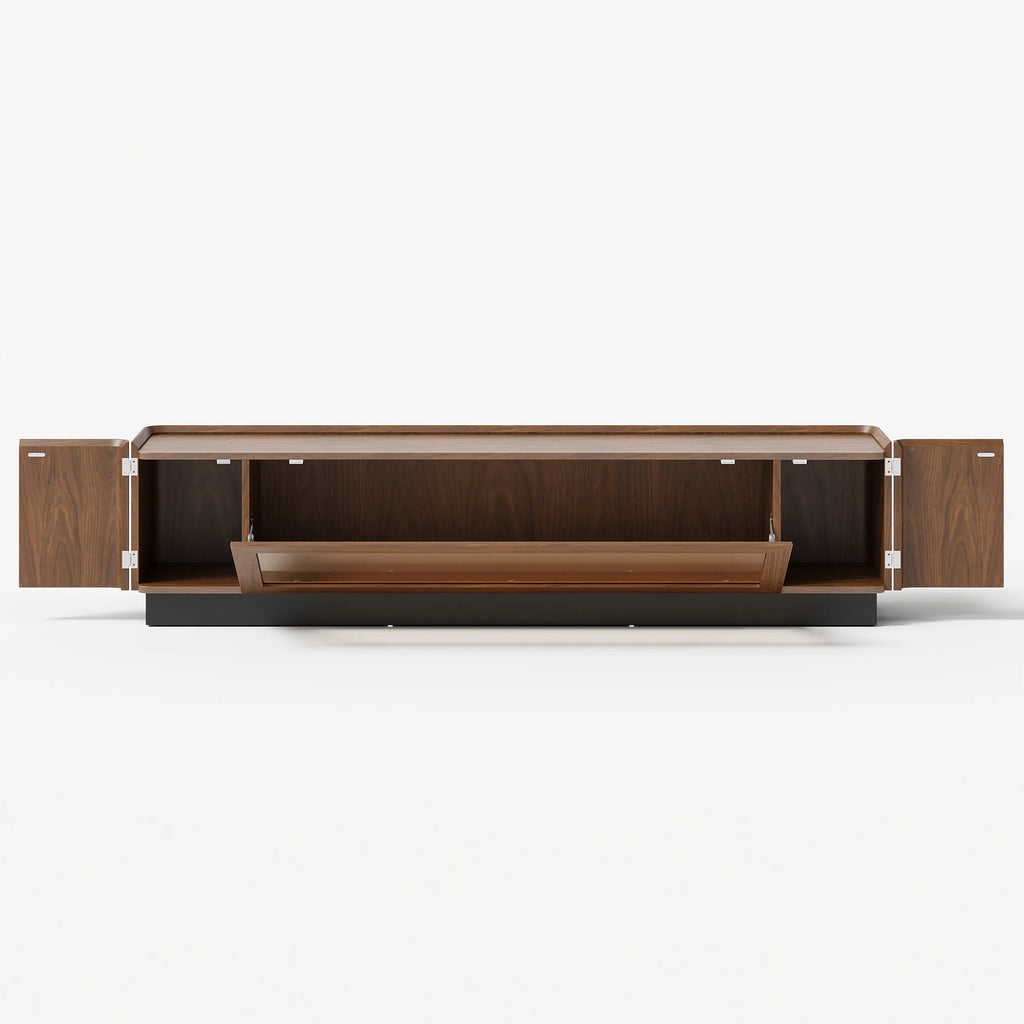 Meuble TV Noyer 200 cm avec portes en verre, rangement et LED