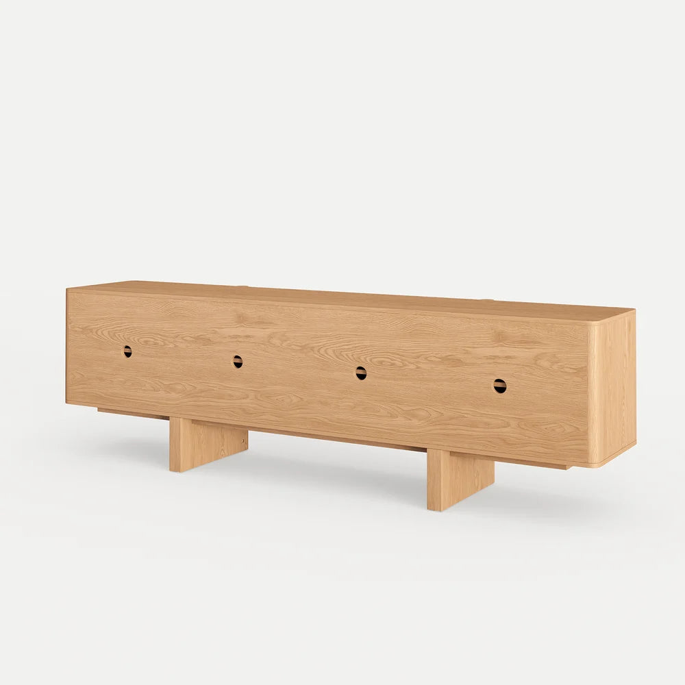 Meuble TV en bois de frêne cannelé naturel de 203 cm avec armoires
