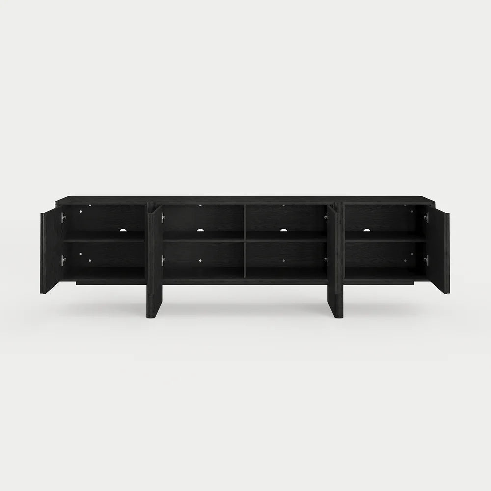 Meuble TV noir cannelé en bois de frêne de 203 cm avec rangements