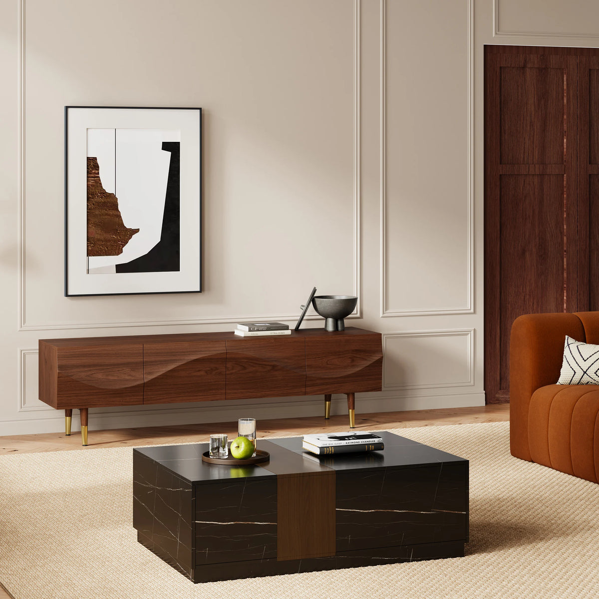 Meuble TV Lake Mid Century avec tiroirs de rangement en noyer au design ondulé pour téléviseurs jusqu'à 1905 mm