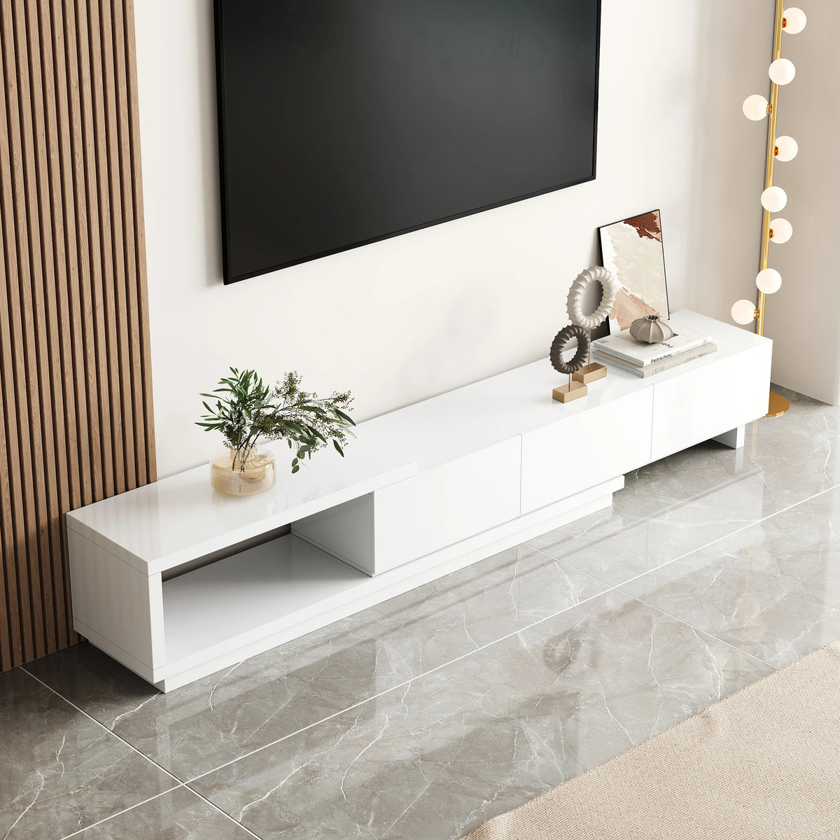 Meuble TV extensible Quoint 180 à 255 cm avec 3 tiroirs Blanc