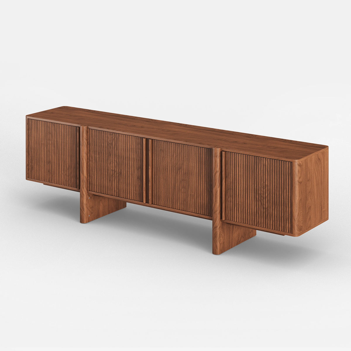 Meuble TV 203 cm en frêne avec noyer cannelé et rangements