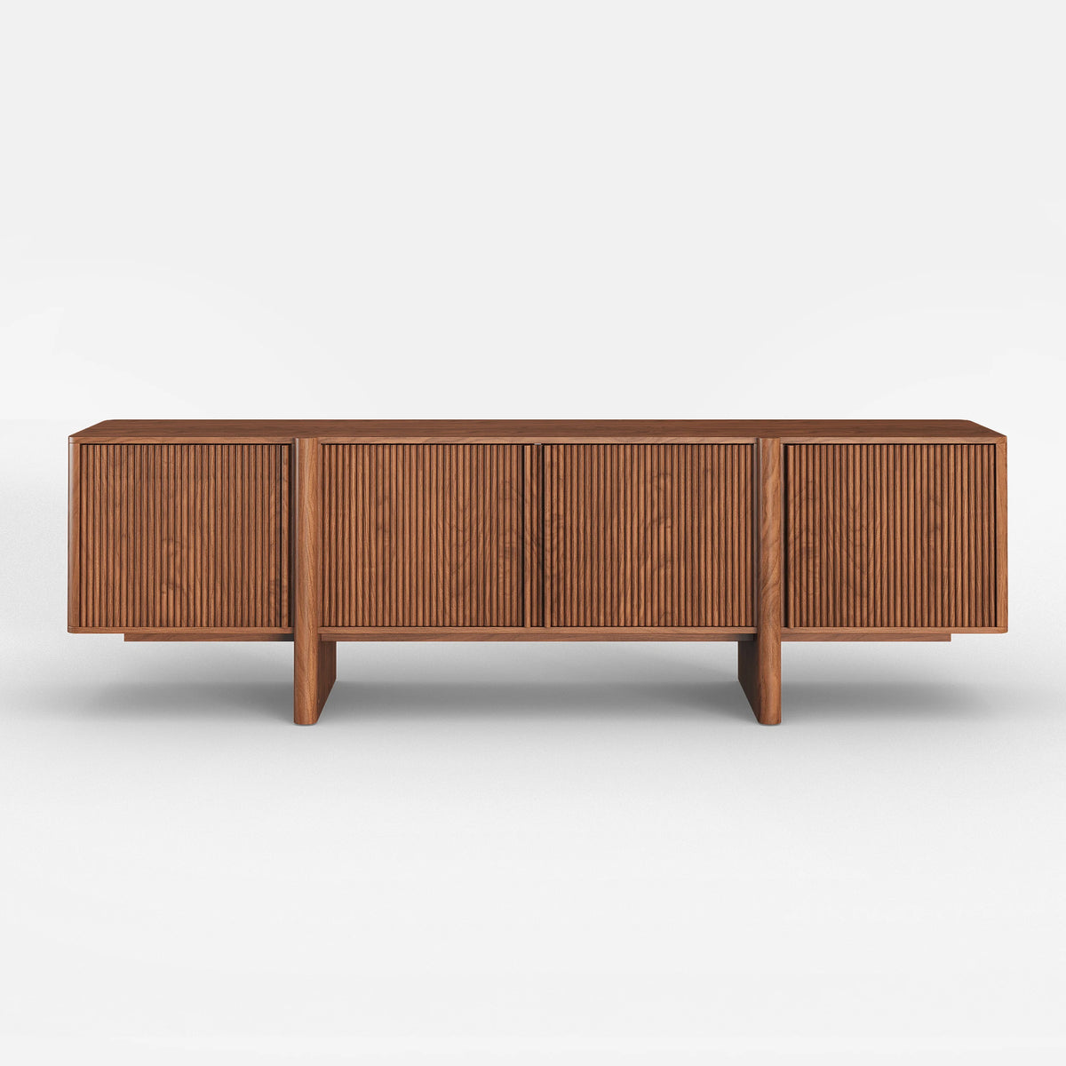 Meuble TV 203 cm en frêne avec noyer cannelé et rangements