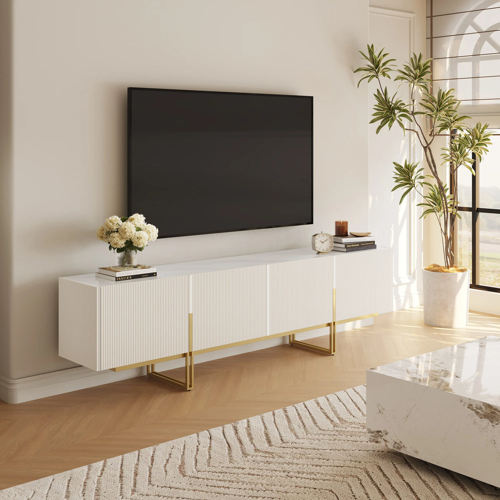 Meuble TV Grovyn 200 cm avec plateau en pierre frittée et design cannelé Ivoire brillant