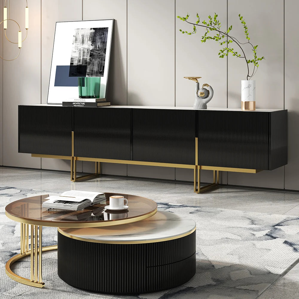 Meuble TV Grovyn 200 cm avec plateau en pierre frittée et design cannelé Noir brillant