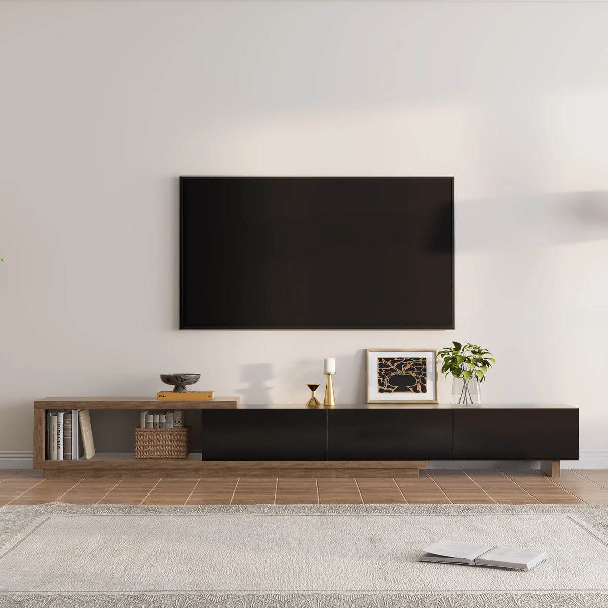 Meuble TV extensible Quoint 180 à 255 cm avec 3 tiroirs Noyer & noir