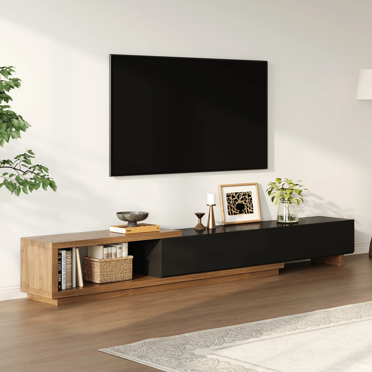 Meuble TV extensible Quoint 180 à 255 cm avec 3 tiroirs Noyer & noir