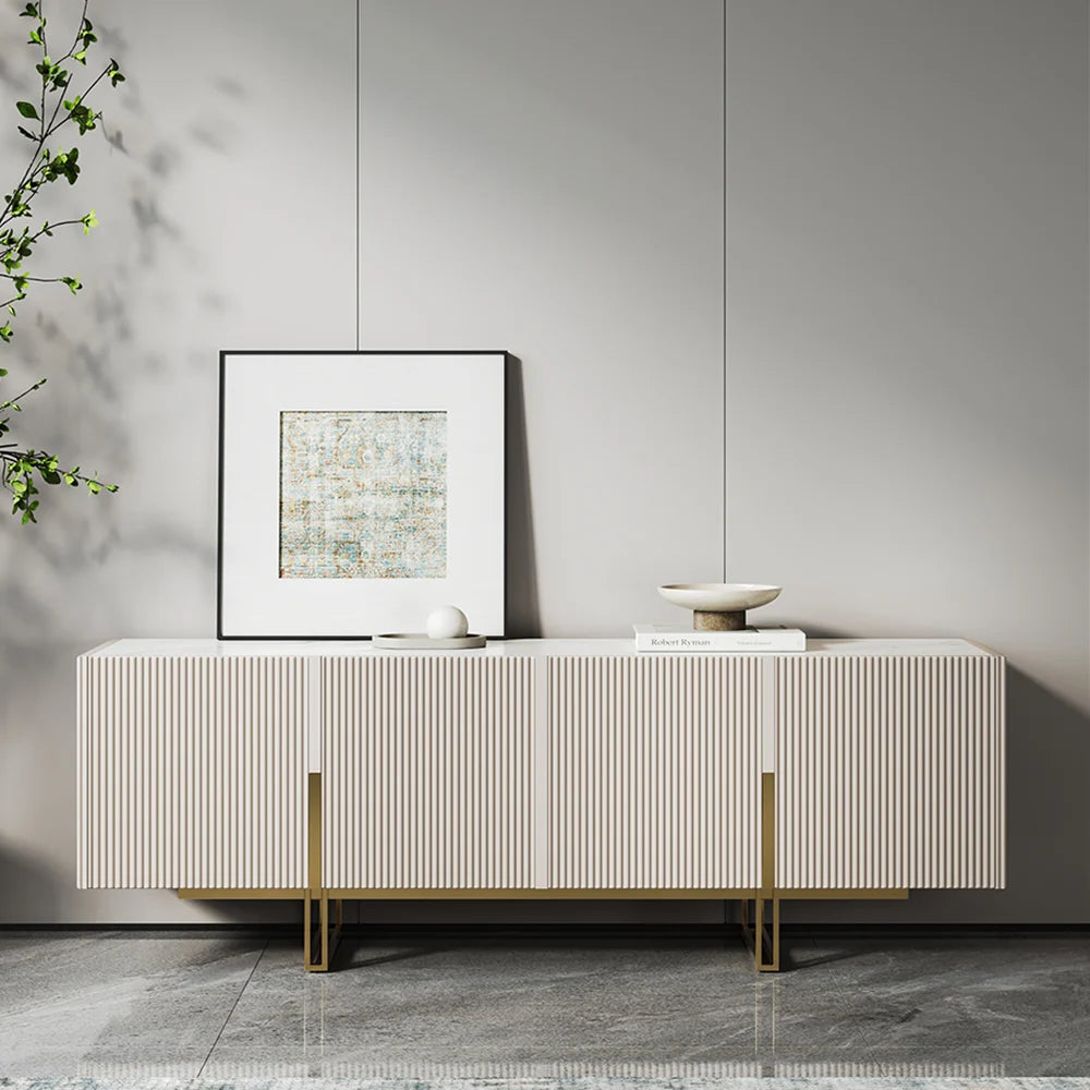 Meuble TV Grovyn 150 cm avec plateau en pierre frittée et design cannelé Ivoire brillant
